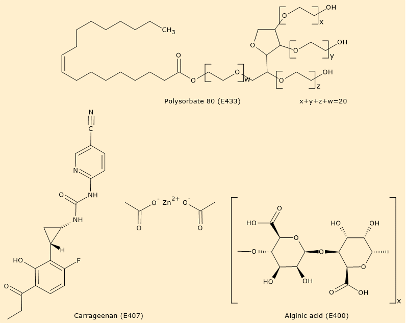 Examples of emulsifiers: E400, E407, and E433